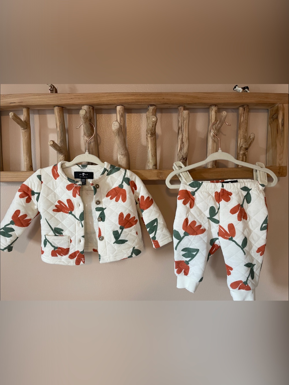 7 For All Mankind Cream Quilted Floral Jacket & Pants Set with Orange and Green